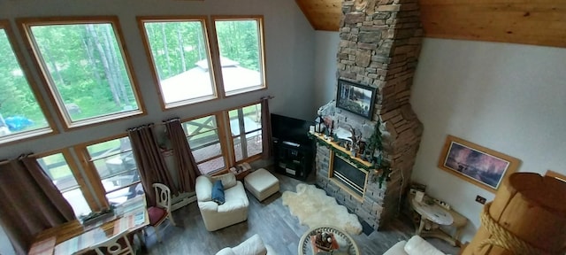 living room with hardwood / wood-style flooring, a fireplace, and a towering ceiling