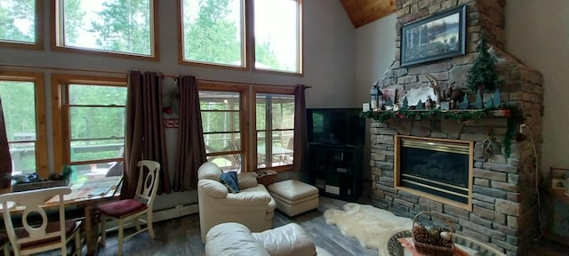 living room with wood-type flooring, a fireplace, and high vaulted ceiling