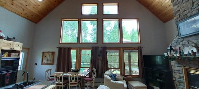 living room featuring high vaulted ceiling, a stone fireplace, wooden ceiling, and sink