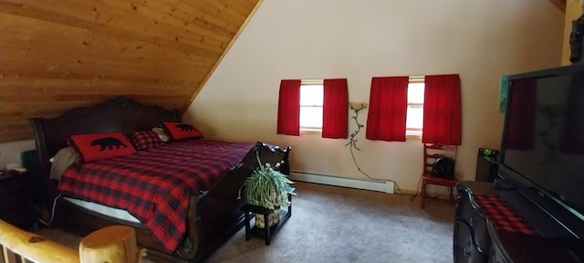 bedroom featuring baseboard heating, lofted ceiling, carpet, and wooden ceiling