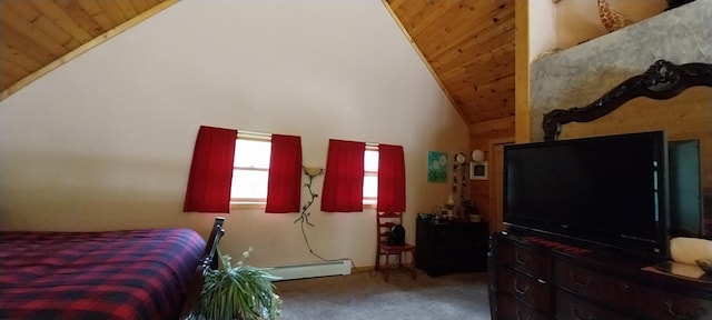 carpeted bedroom featuring wood ceiling, high vaulted ceiling, and baseboard heating