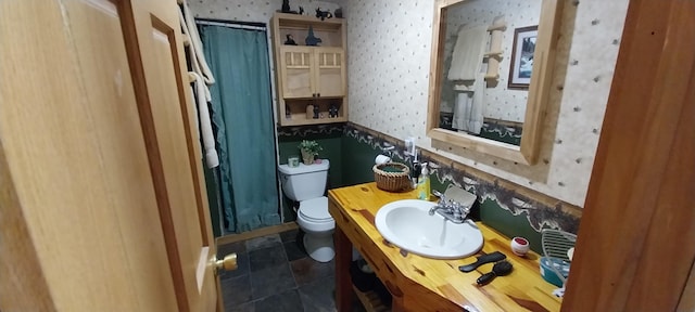 bathroom featuring vanity, a shower with shower curtain, and toilet