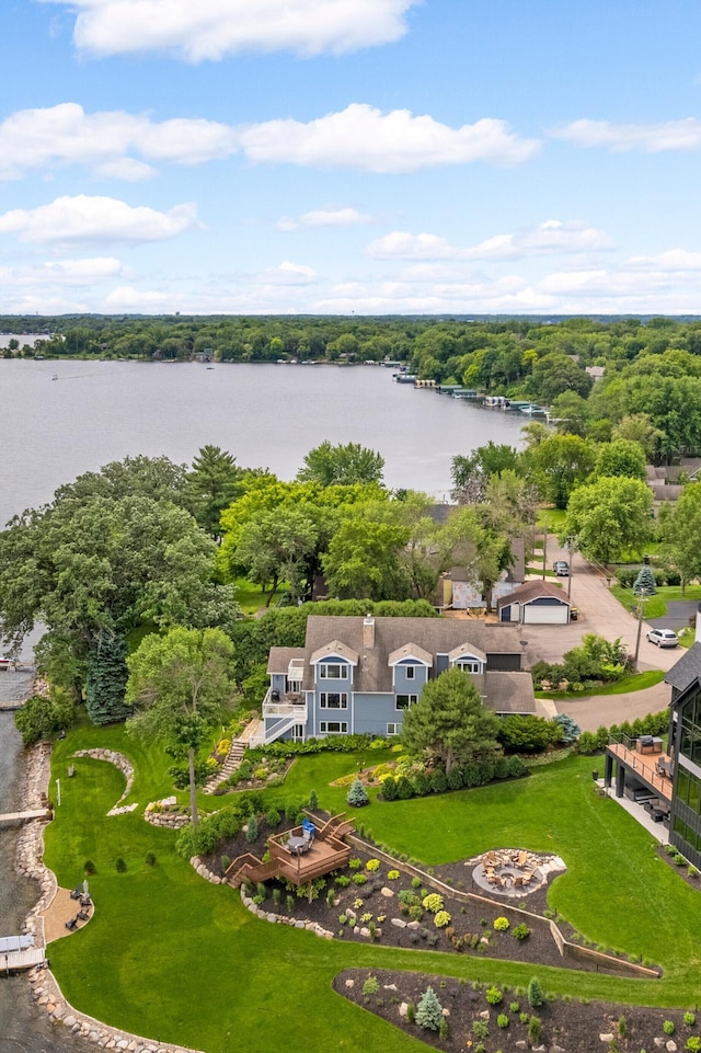 bird's eye view with a water view