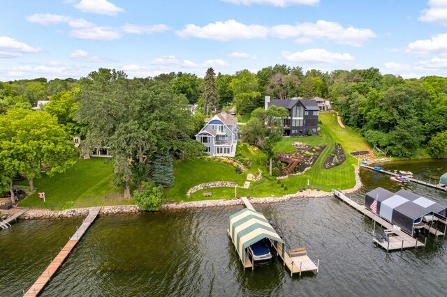 drone / aerial view featuring a water view