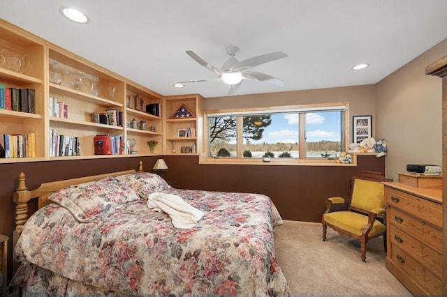 carpeted bedroom with recessed lighting and ceiling fan