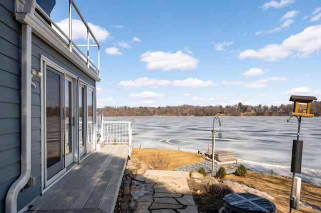 exterior space featuring a water view