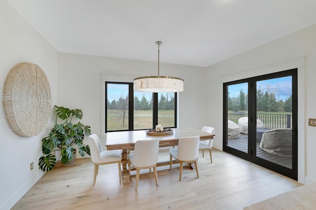 dining room featuring plenty of natural light, an inviting chandelier, and light hardwood / wood-style flooring