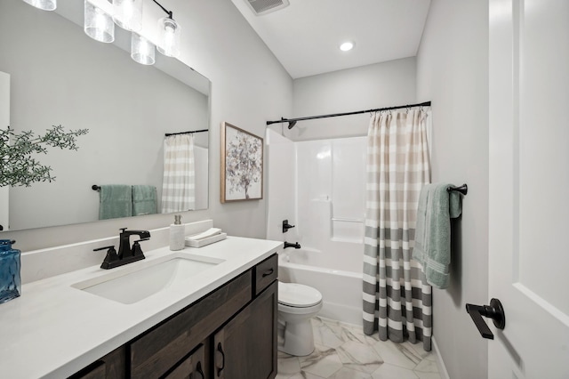 full bathroom with vanity, toilet, and shower / bath combo with shower curtain