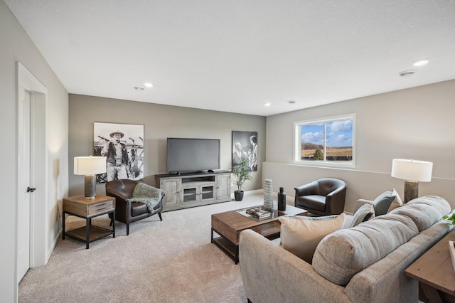 living room featuring light carpet