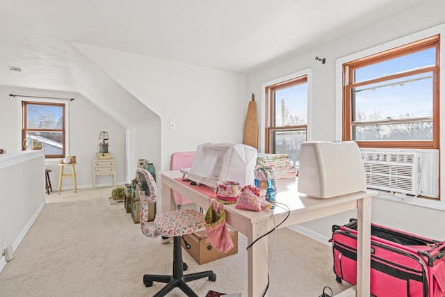 office area featuring baseboards, carpet floors, and cooling unit