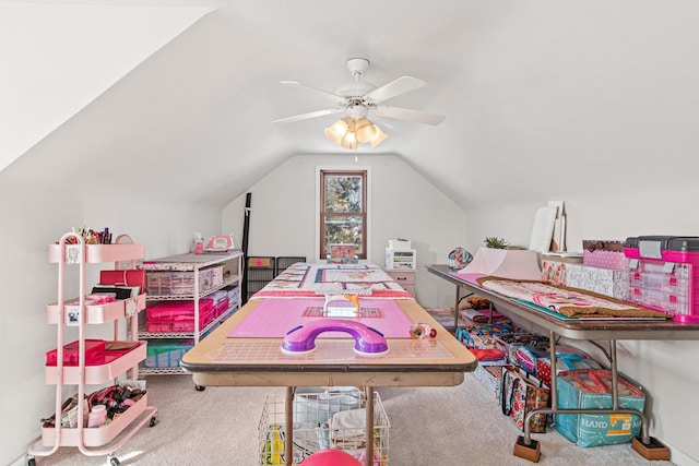 rec room featuring lofted ceiling, carpet floors, and ceiling fan