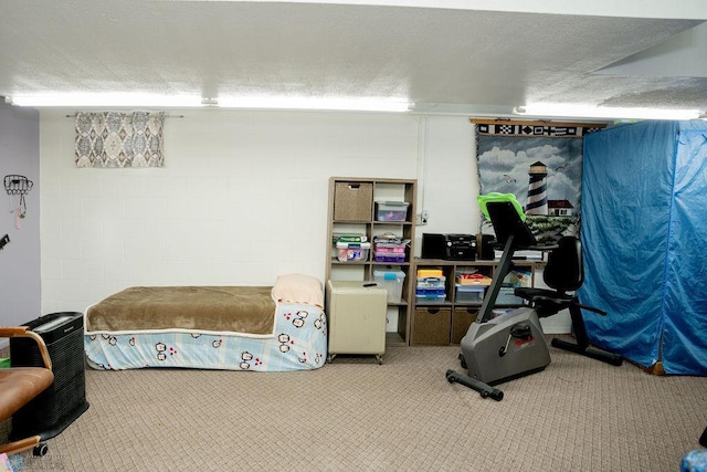 interior space featuring a textured ceiling and carpet floors