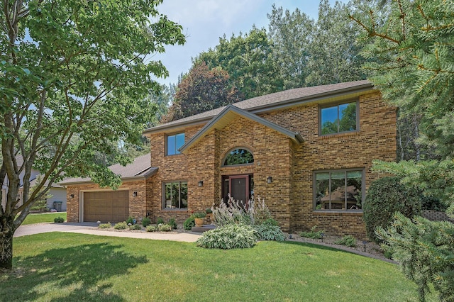 traditional home featuring an attached garage, a front lawn, and brick siding