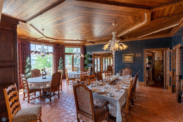 tiled dining space featuring a notable chandelier and wooden ceiling