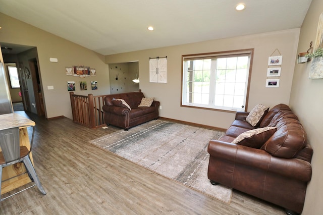 living room with hardwood / wood-style floors and lofted ceiling