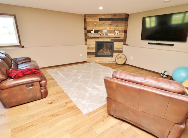 living room with a fireplace and wood-type flooring