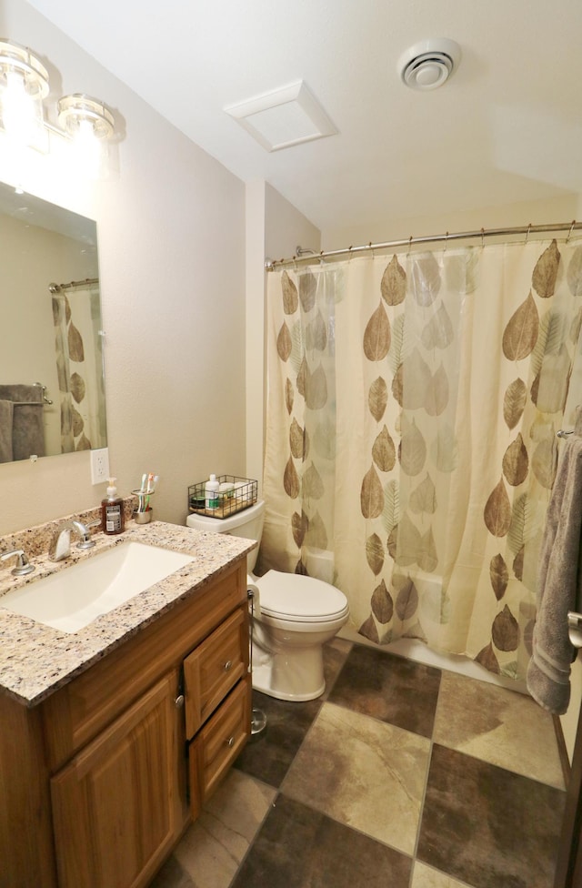 full bathroom featuring vanity, toilet, and shower / bathtub combination with curtain