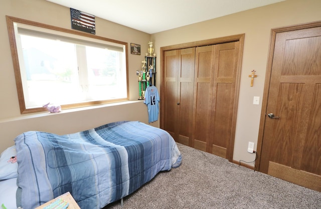 bedroom featuring carpet and a closet