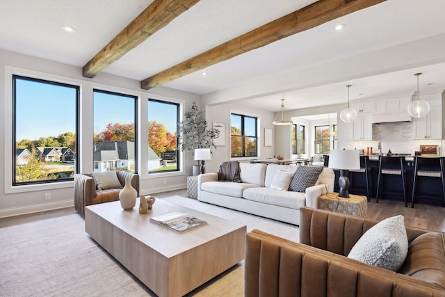 living room featuring beamed ceiling and light hardwood / wood-style flooring