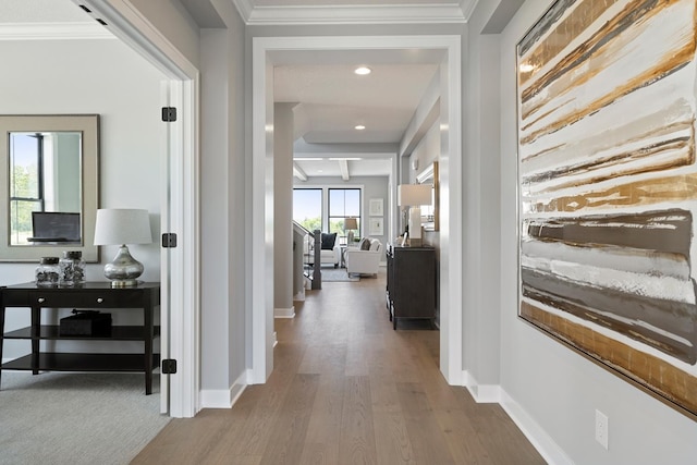 hall featuring crown molding and hardwood / wood-style floors