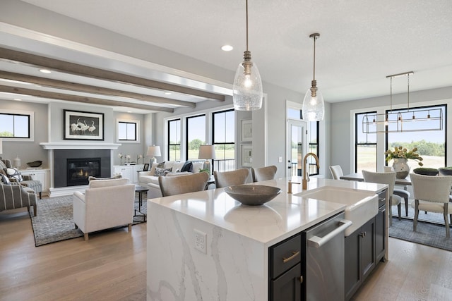 kitchen featuring dishwashing machine, wood-type flooring, pendant lighting, and a kitchen island with sink