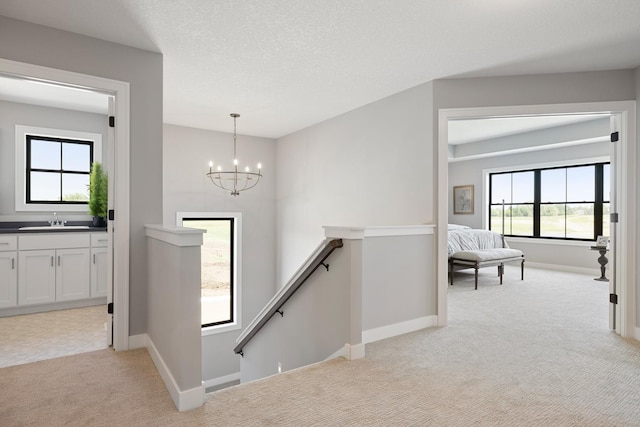 hall with sink, a healthy amount of sunlight, and light colored carpet