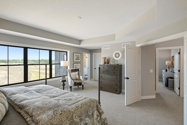 carpeted bedroom featuring a textured ceiling and a raised ceiling