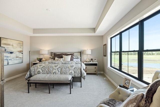 bedroom with light carpet, a water view, and a raised ceiling