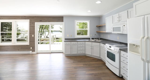 kitchen with open shelves, dark countertops, baseboard heating, white cabinetry, and white appliances