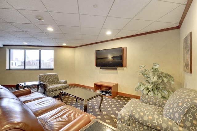 living room featuring carpet floors and crown molding