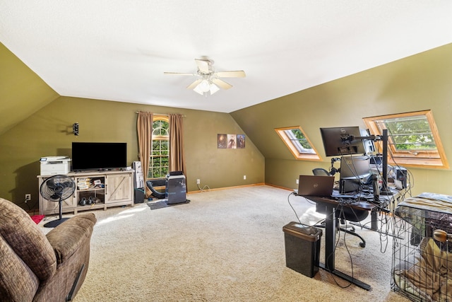 39050 Twin Lakes Rd, Menahga, MN 56464 - office with baseboards, carpet flooring, ceiling fan, and vaulted ceiling