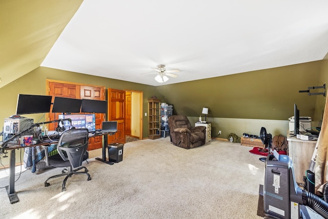 39050 Twin Lakes Rd, Menahga, MN 56464 - office with lofted ceiling, carpet floors, and a ceiling fan