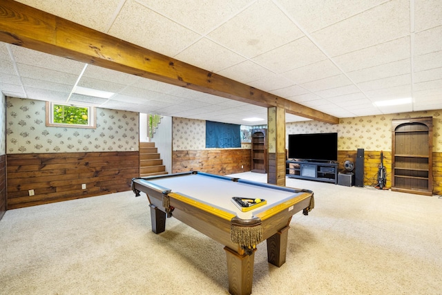 39050 Twin Lakes Rd, Menahga, MN 56464 - rec room featuring a drop ceiling, a wainscoted wall, wallpapered walls, and carpet floors