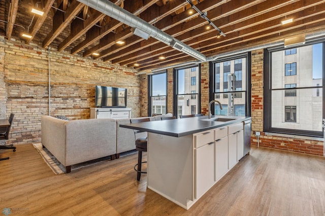 kitchen featuring white cabinets, light wood-type flooring, a kitchen island with sink, and sink