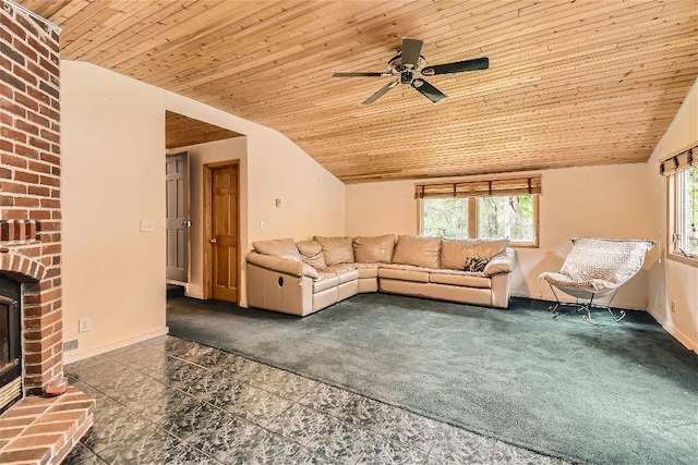 unfurnished living room with a brick fireplace, wood ceiling, and plenty of natural light