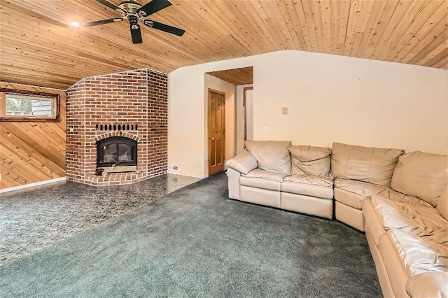 unfurnished living room with dark colored carpet, wood ceiling, vaulted ceiling, a brick fireplace, and wooden walls