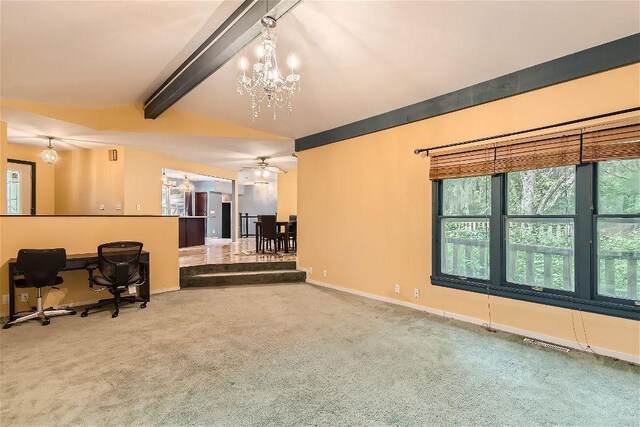 home office with a notable chandelier, vaulted ceiling with beams, and carpet flooring