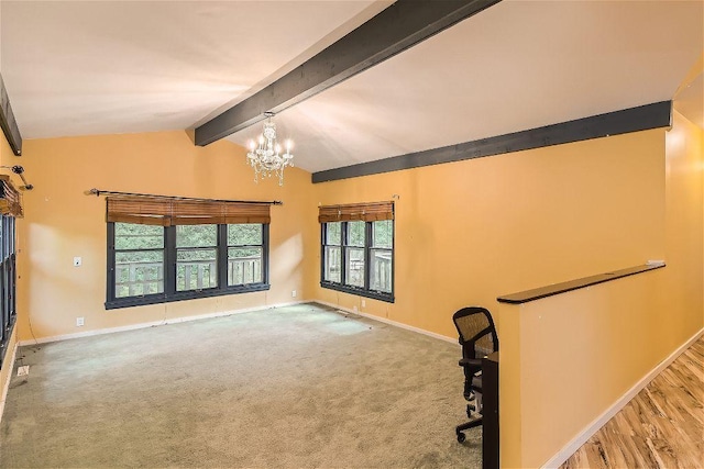 unfurnished living room featuring lofted ceiling with beams, light carpet, and a notable chandelier