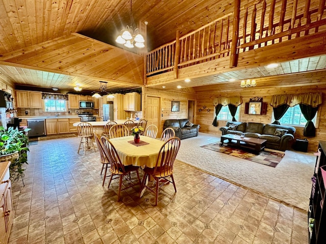 dining space featuring wood walls, lofted ceiling, wooden ceiling, and a notable chandelier