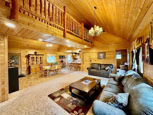 living room with wooden walls, vaulted ceiling, wood ceiling, and an inviting chandelier