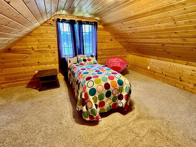 carpeted bedroom featuring wood ceiling, vaulted ceiling, and wooden walls