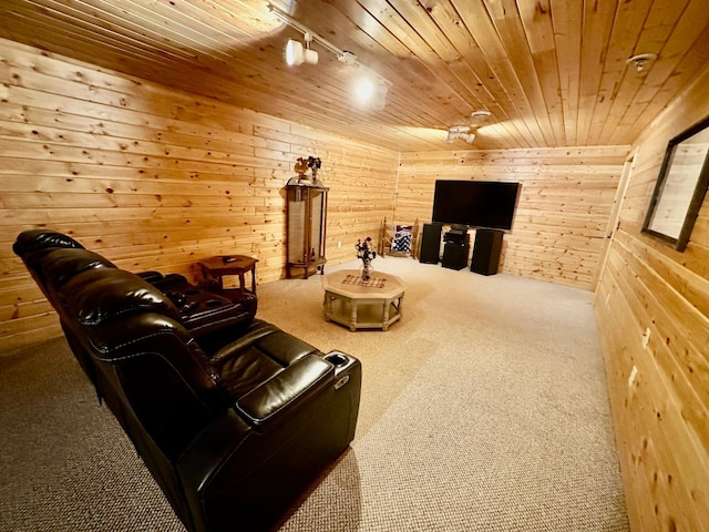 living room featuring rail lighting, wood walls, carpet flooring, and wooden ceiling