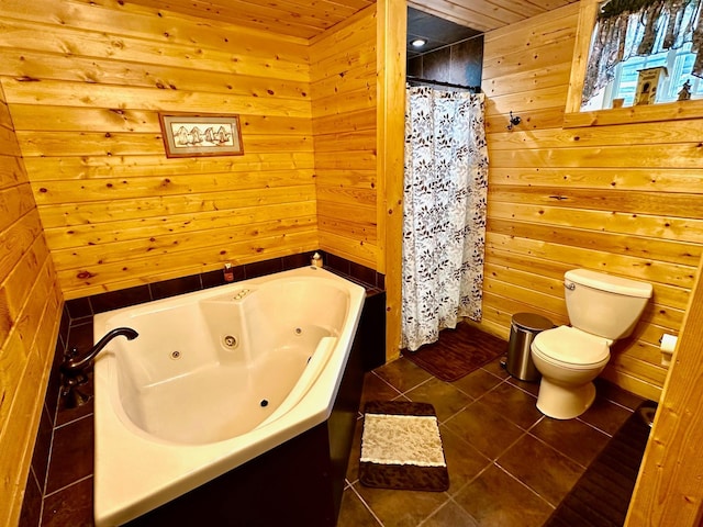 bathroom with tile patterned flooring, toilet, plus walk in shower, wooden ceiling, and wooden walls