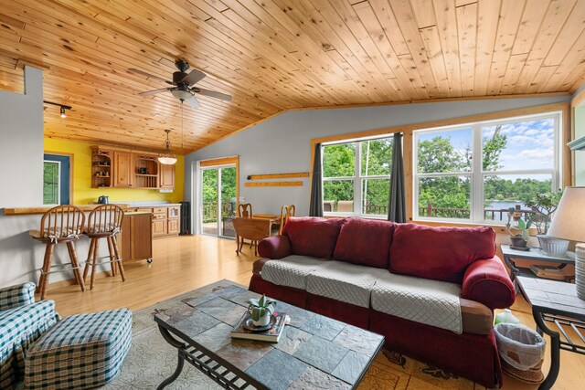 1738 White Ash Dr Unit A, Balsam Lake, WI 54810 - living area with wood ceiling, ceiling fan, lofted ceiling, and light wood-type flooring