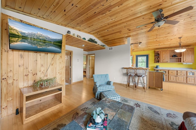 1738 White Ash Dr Unit A, Balsam Lake, WI 54810 - living area featuring visible vents, wooden ceiling, ceiling fan, light wood-type flooring, and vaulted ceiling