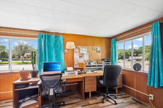 home office featuring wood walls and wood finished floors