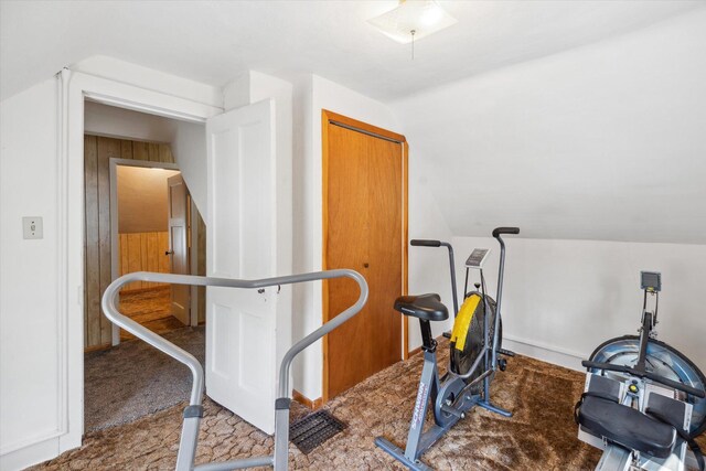 exercise room with lofted ceiling