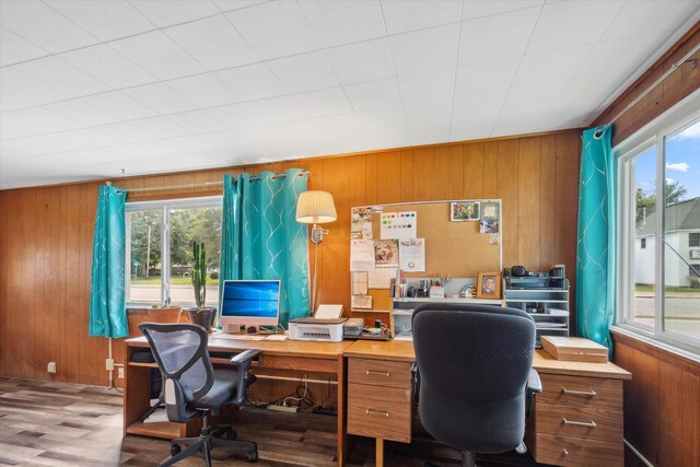 office area with a healthy amount of sunlight, wood walls, and light wood-style flooring