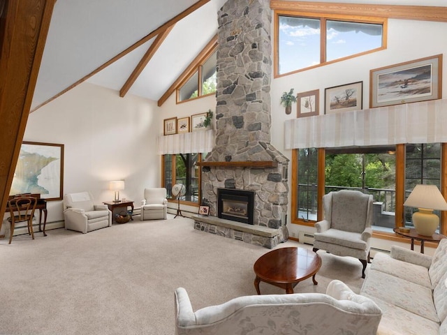 living room with beamed ceiling, carpet, high vaulted ceiling, and a fireplace