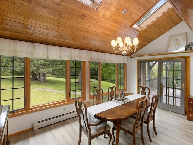 dining area featuring a baseboard radiator, vaulted ceiling with skylight, a chandelier, and light wood-type flooring